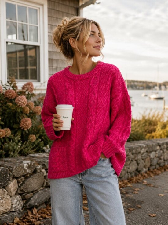 L.L. Bean Sweaters - Vintage L.L.Bean Fisherman Cable Knit Wool Sweater Hot Pink Oversized Small